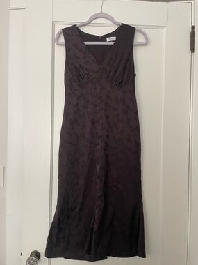 BCBG Black Satin Midi Dress with Subtle Floral Jacquard